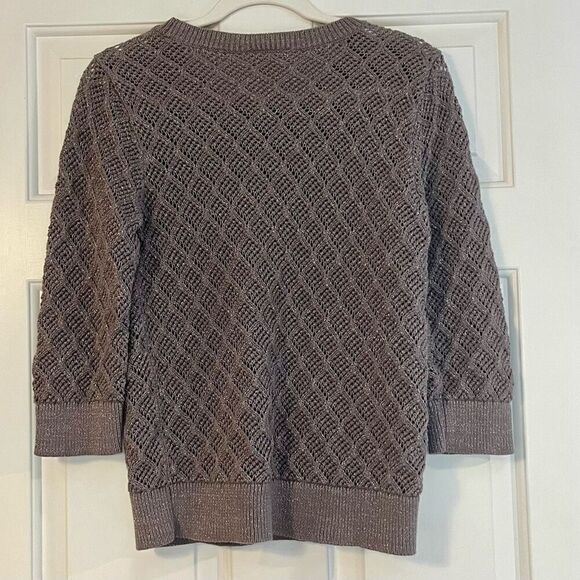 Loft Women’s Gray Metallic Open Knit Crew Neck Pullover Sweater Large - Picture 3 of 9